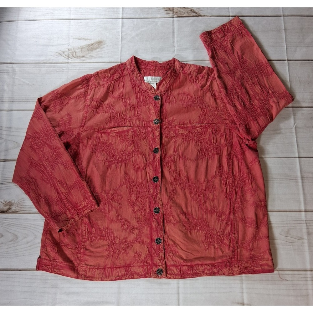 CJ Banks Women's Cutwork Embroidered Shirt Plus Size 2X Coral Boho Cotton L/S
